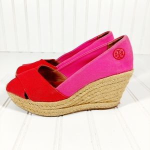 Tory Burch Criss Cross Filipa Wedge Espadrille Red Pink Summer Sandals A151